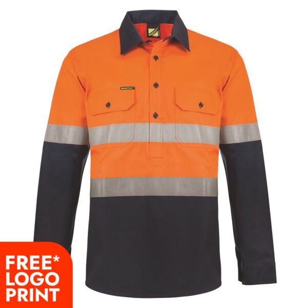 Mens Heavy Duty Half Placket Cotton Drill Shirt Gusset Sleeves CSR Reflective Tape Thumbnail